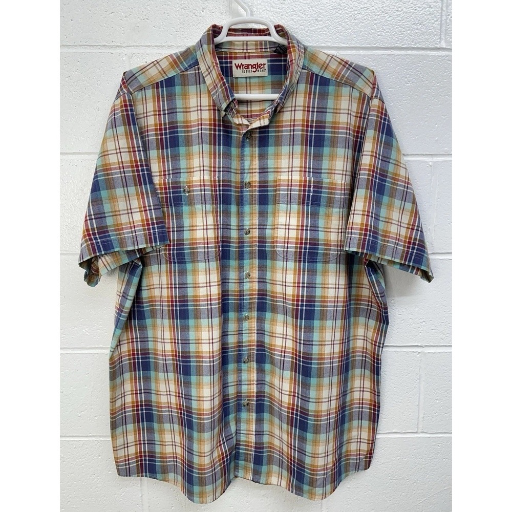 Wrangler Cotton Blue Rainbow Short Sleeve Button Front Plaid Shirt / Men's 3XT